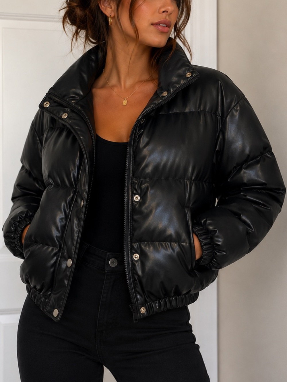 PrettyLittleThing Black Faux Leather Puffer Jacket